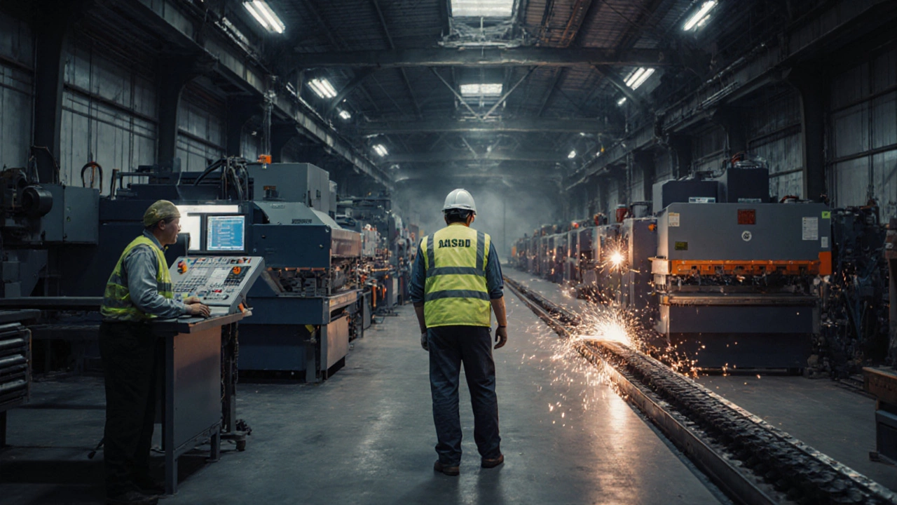 Active factory floor with CNC machines, technicians, and a supervisor overseeing production.
