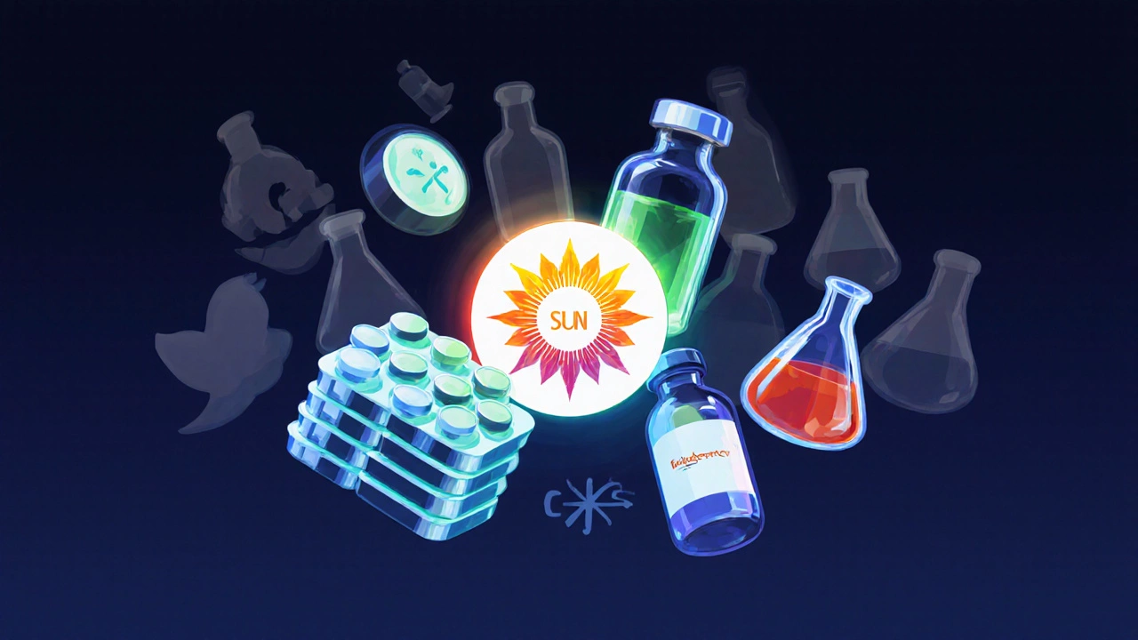 Artistic collage of Sun Pharma's tablets, injectables, eye drops, and biosimilar flask with abstract acquisition symbols.