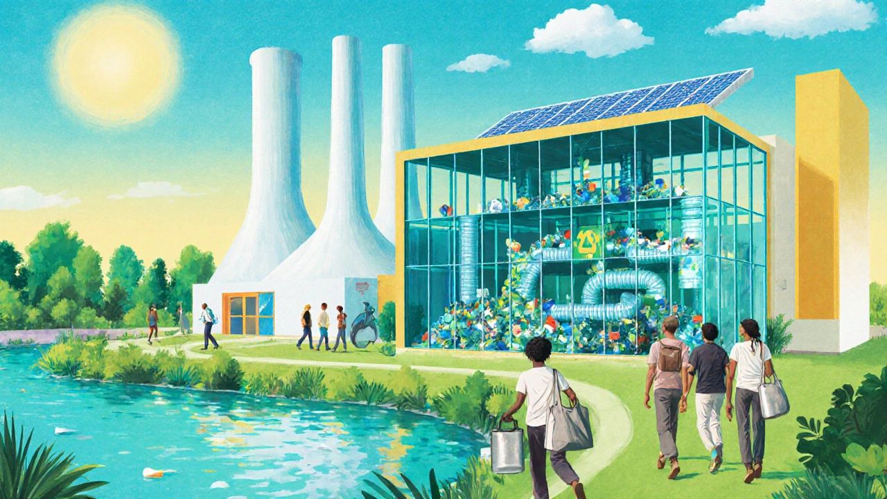 Bright recycling hub with people using reusable items and chemical recycling loops.