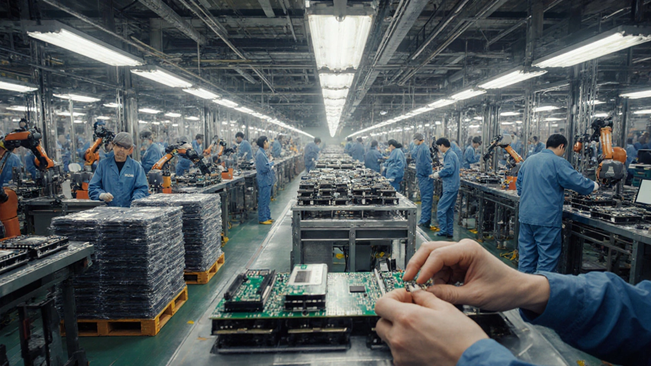 Busy Shenzhen factory floor with robots, workers, and electronic devices on assembly lines.