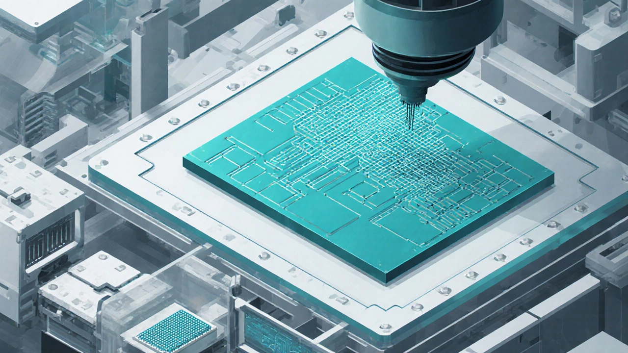 Close-up of a silicon wafer showing MOSFETs, analog circuits, and CMOS sensor patterns.