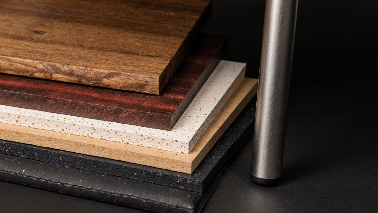 Close-up of teak, sheesham, mango wood, MDF, steel, polypropylene chair, and PU leather pieces.