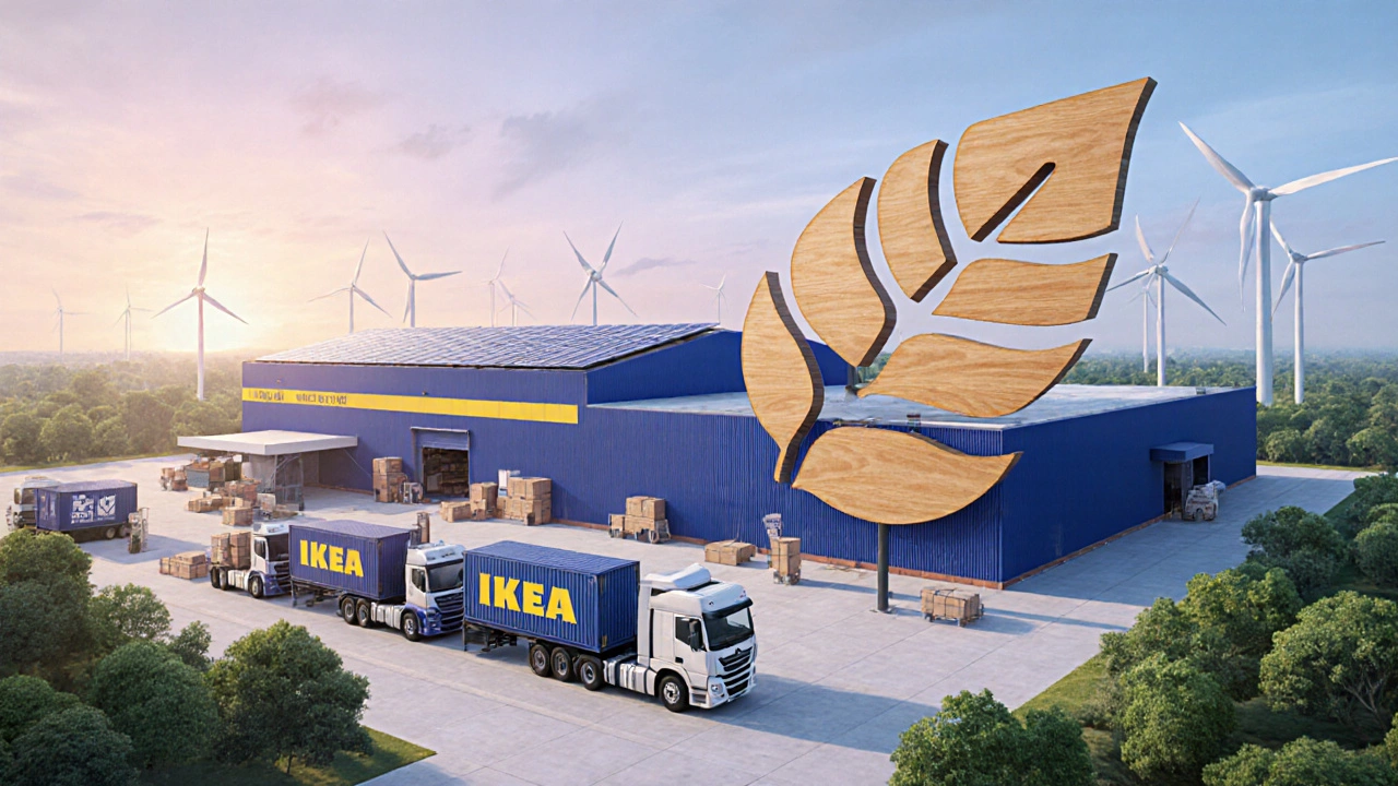 Eco‑friendly Indian IKEA factory with solar panels, greenery, and shipping dock.