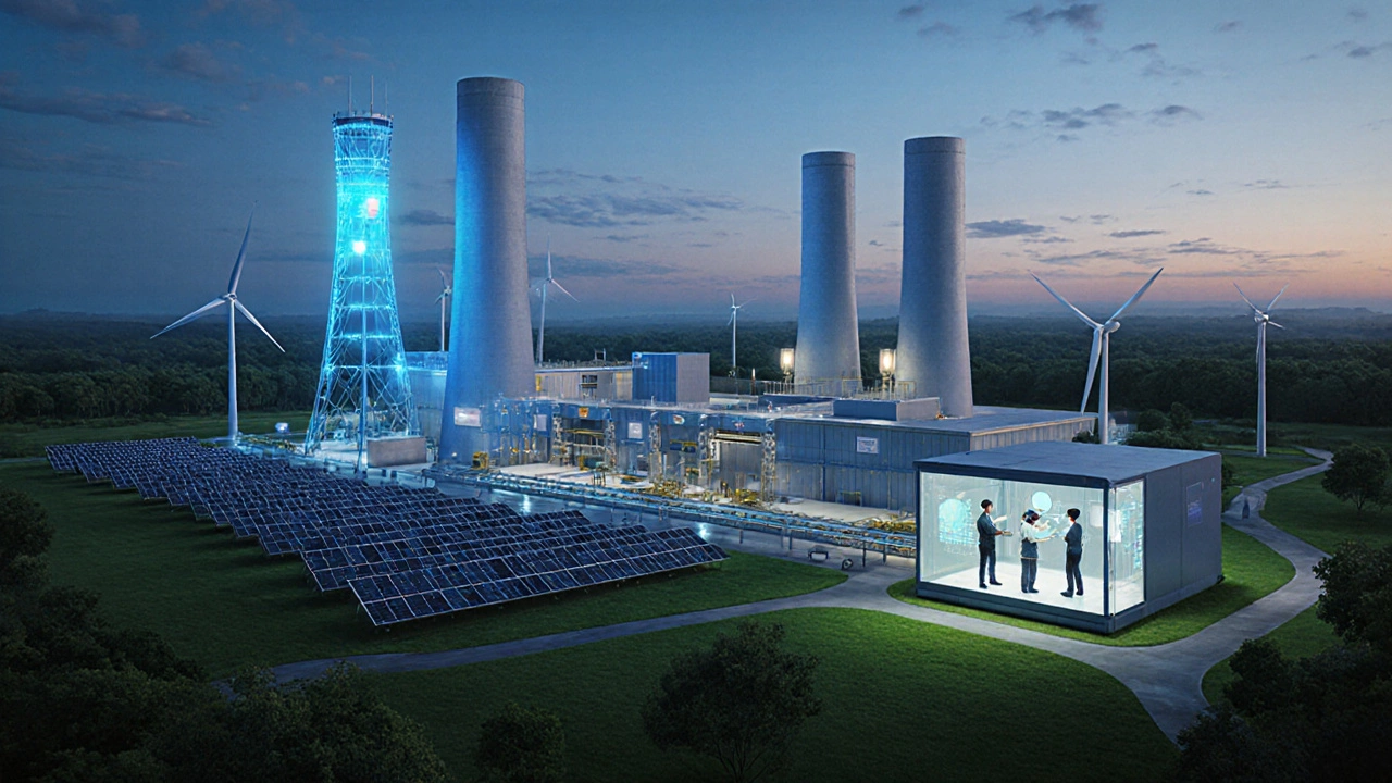 Eco‑friendly manufacturing complex with solar panels, wind turbines, battery line, and carbon‑capture towers.