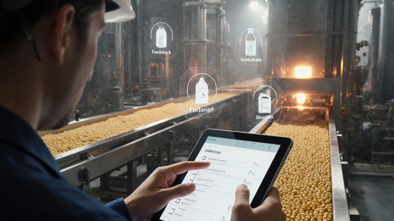 Engineer reviewing a checklist in a food processing plant with conveyors of corn and glucose.