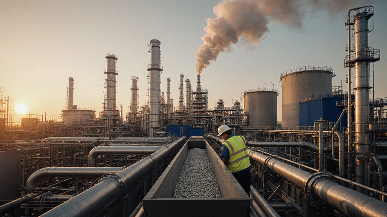 ExxonMobil petrochemical plant with workers inspecting polymer waste streams at sunrise.