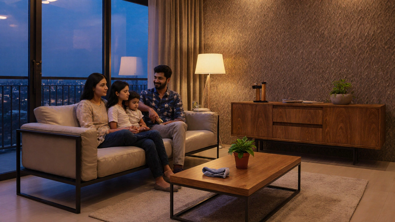 Family relaxing on mixed-material sofa in modern Indian apartment with wooden coffee table.