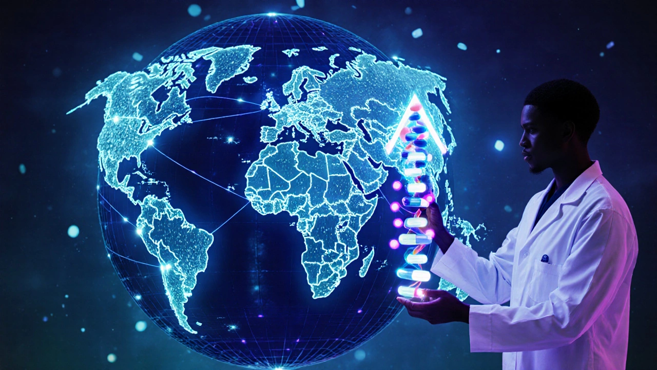 Futuristic globe with neon nodes and a scientist holding a DNA helix turning into a pill arrow.