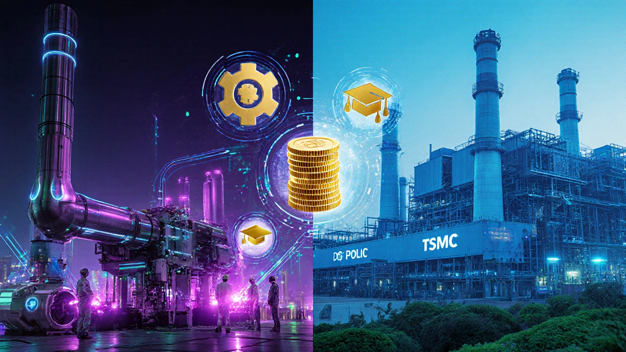 Futuristic Indian semiconductor fab with EUV machine and symbolic policy icons.