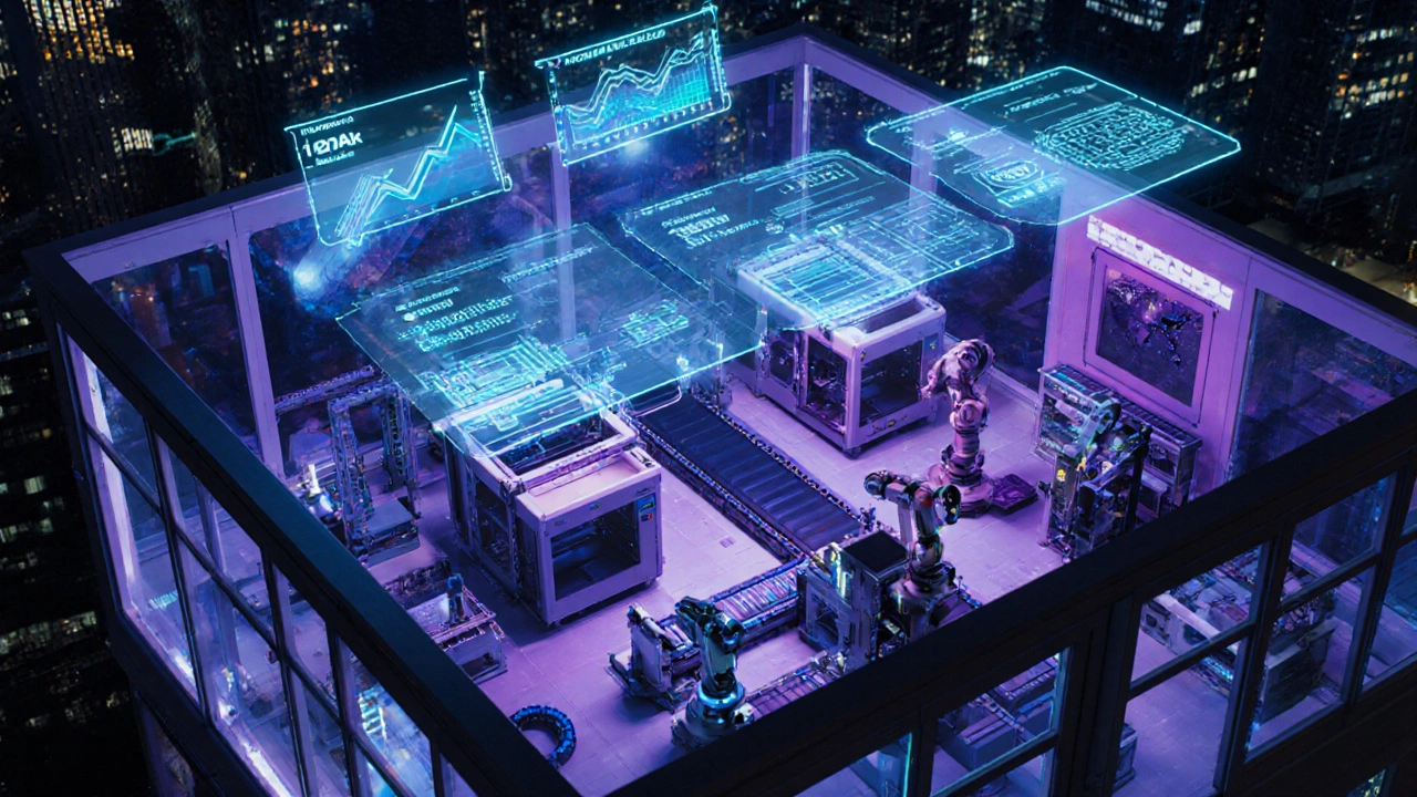 Futuristic night scene of a small modular factory with 3D printers, robots, and holographic AI displays.