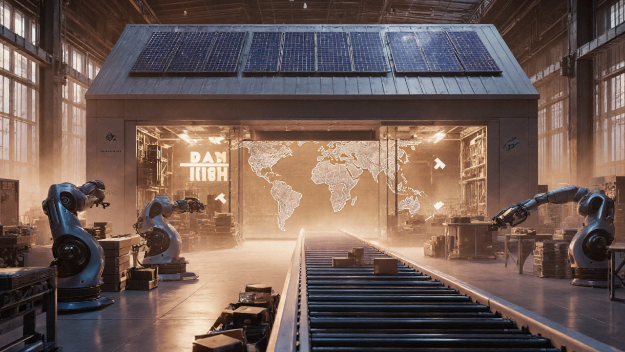 Futuristic US factory with robots and solar panels, map shows reduced overseas sourcing.