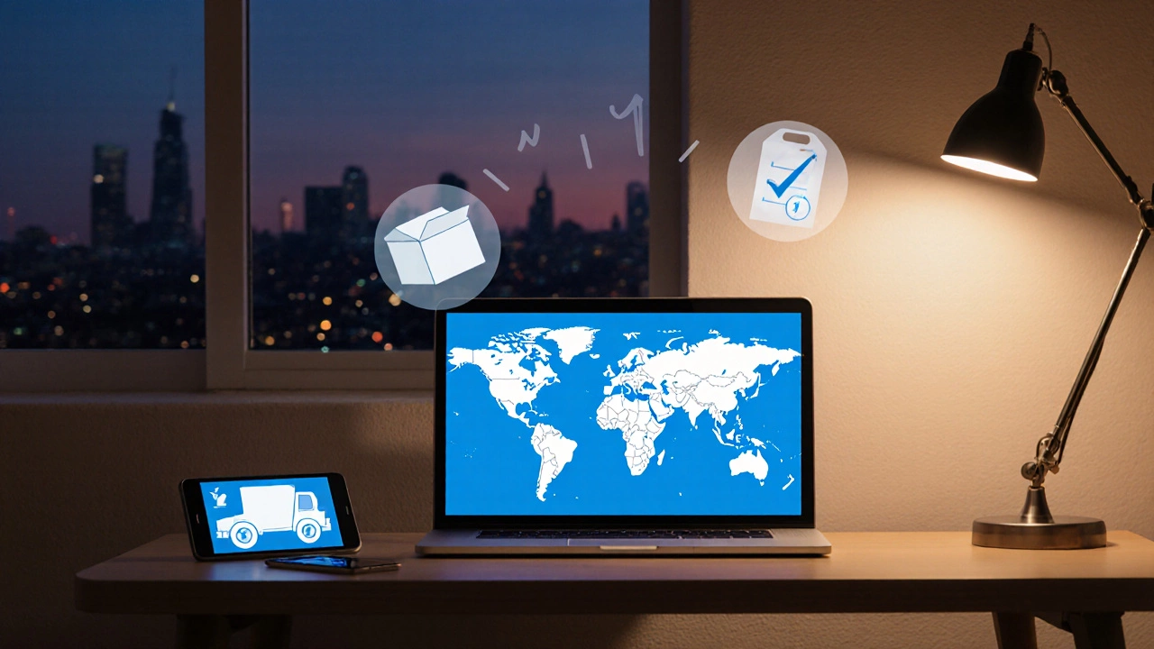 Home office desk with laptop, smartphone, and floating icons for shipping and price checks.