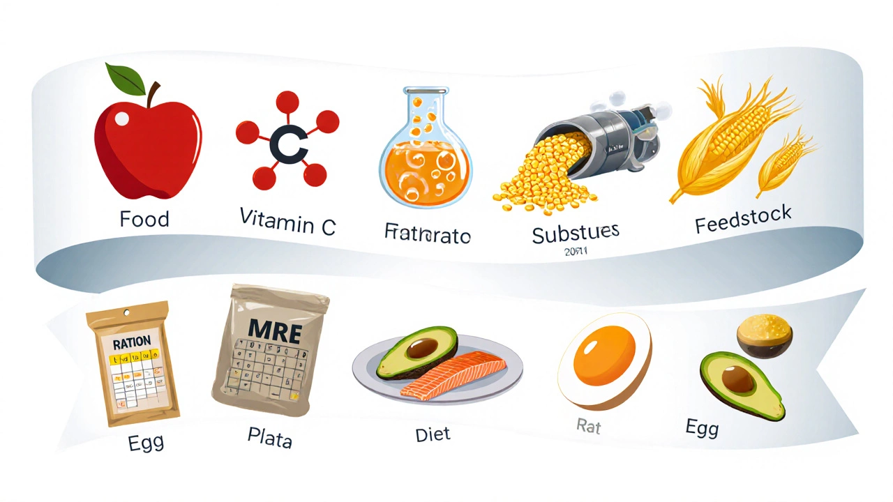 Illustrated ribbon of icons representing food, nutrient, substrate, feedstock, ration, diet, and food matrix.