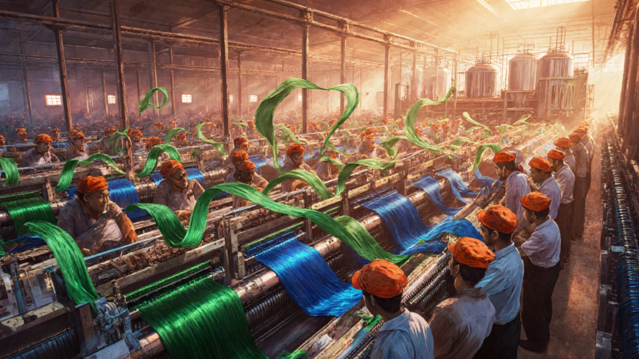 Illustration of rows of power looms in Surat with workers and synthetic fabrics.