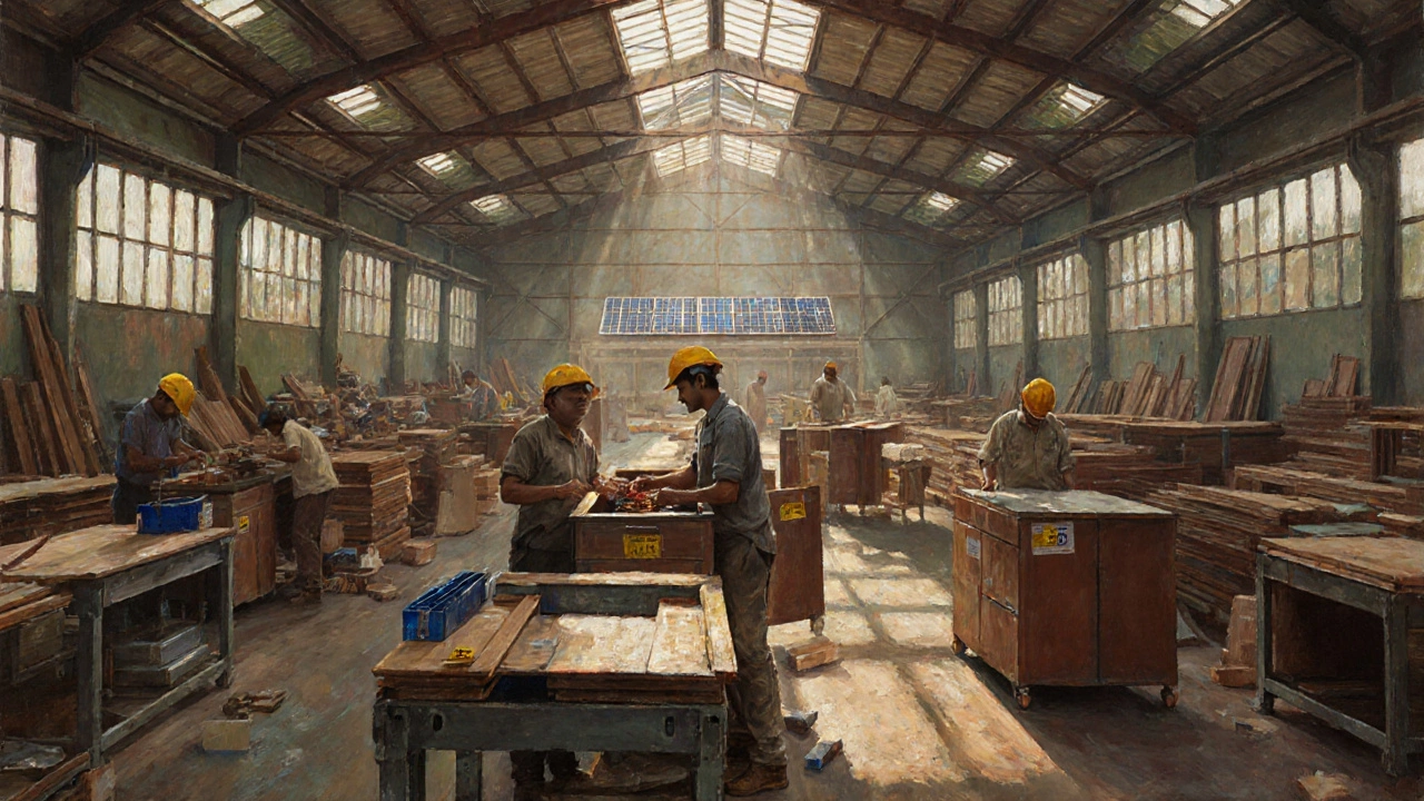 Indian workshop where workers assemble IKEA kitchen cabinets under natural light.