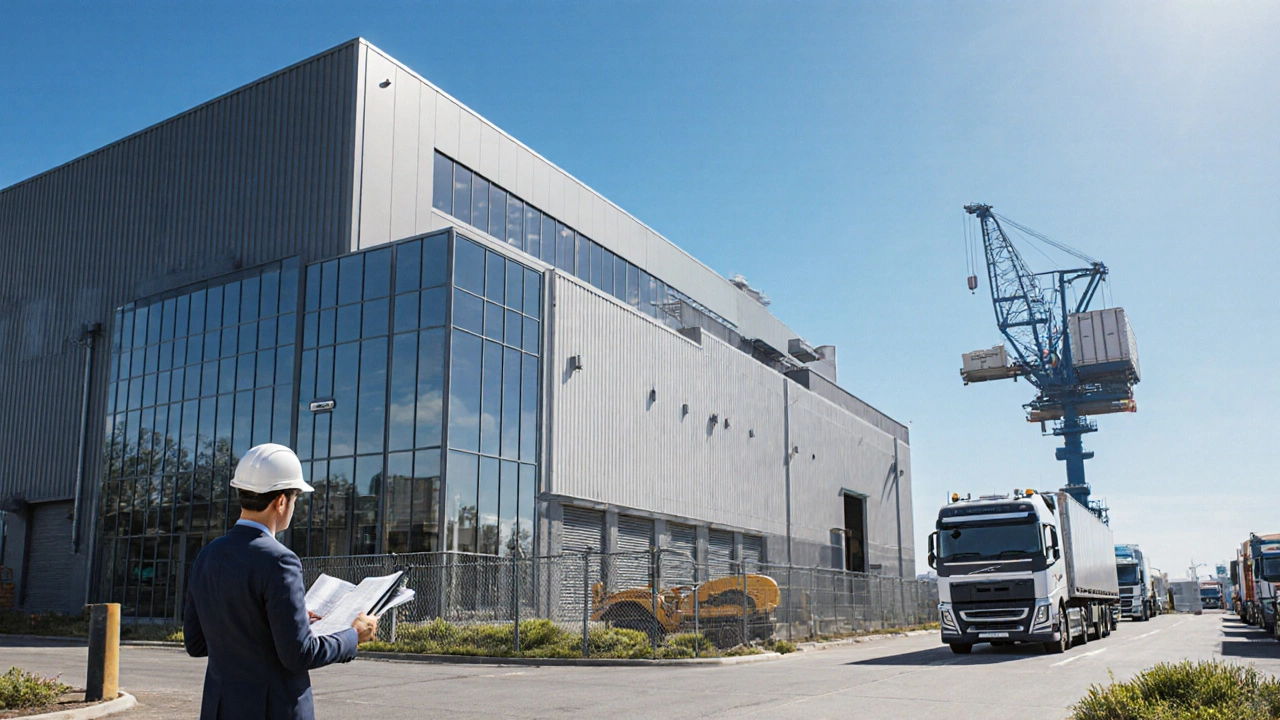 Industrial park with warehouse, trucks, and a professional reviewing a site plan.