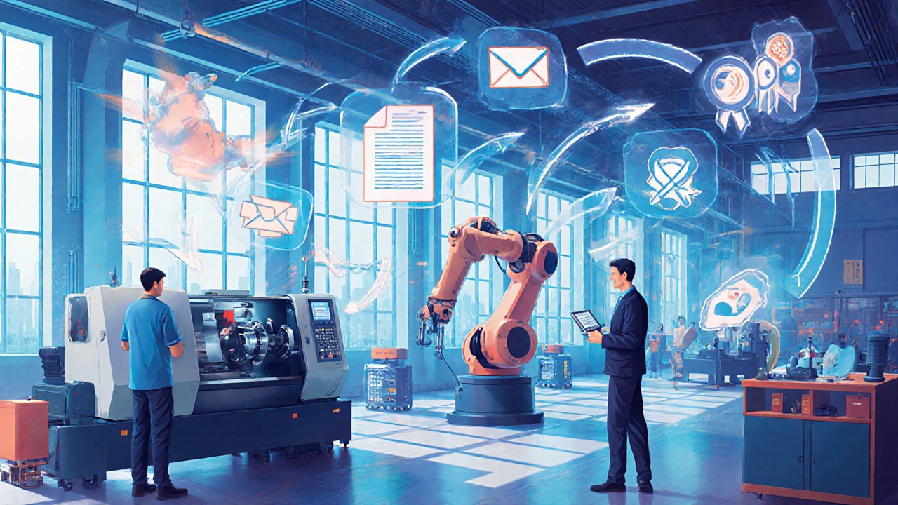 Inside a modern factory showing workers at CNC, robotics, and quality stations with symbols of government aid.