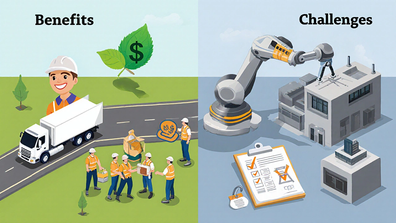 Isometric split view showing benefits on left and challenges on right of local manufacturing.