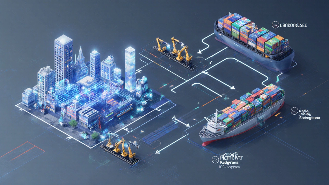 Isometric view of India&#039;s electronics supply chain from Bengaluru design to Gujarat factories to Mumbai port.