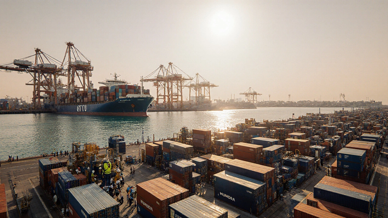 Mundra port in Gujarat with container ships, cranes, and electronics assembly lines.
