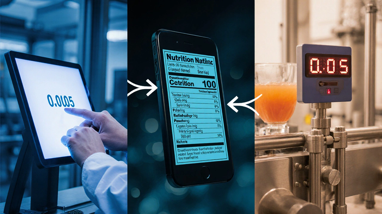 Split-screen of a technician entering .0005, converting it to 0.05% and 500 ppm on lab displays.