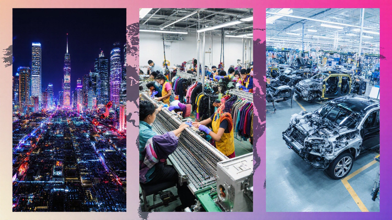 Three panels showing electronics in China, apparel in Vietnam, and automotive parts in Mexico.